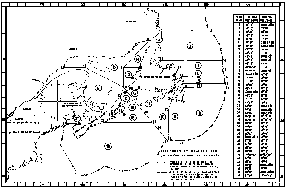 Carte des zones de pêche du capelan avec les coordonnées géographiques en latitude et longitude de 44 points délimitant ces zones