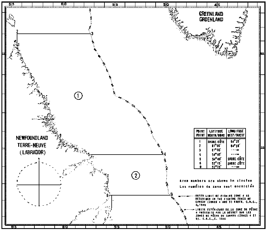Carte des zones de pêche du hareng avec les coordonnées géographiques en latitude et longitude de 7 points délimitant ces zones