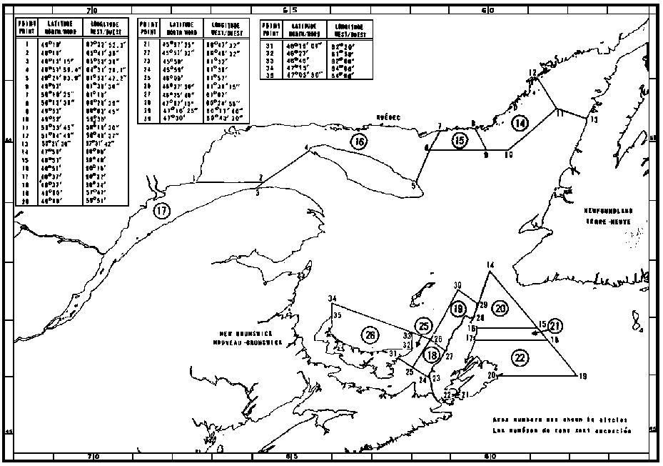 Carte des zones de pêche du crabe avec les coordonnées géographiques en latitude et longitude de 35 points délimitant ces zones