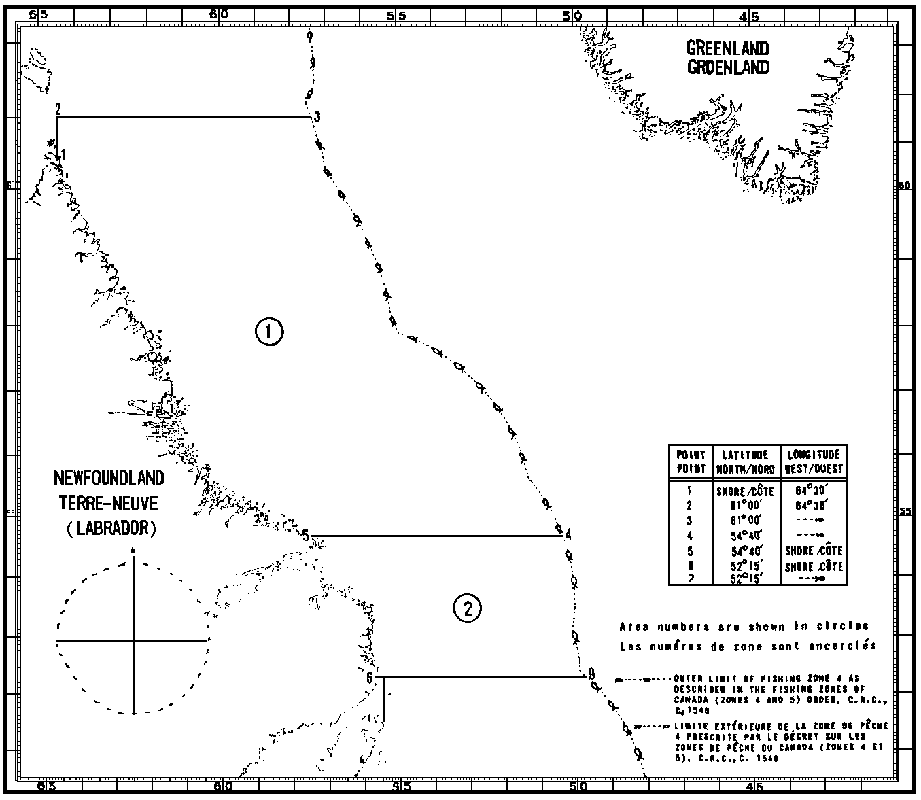 Carte des zones de pêche du pétoncle avec les coordonnées géographiques en latitude et longitude de 7 points délimitant ces zones