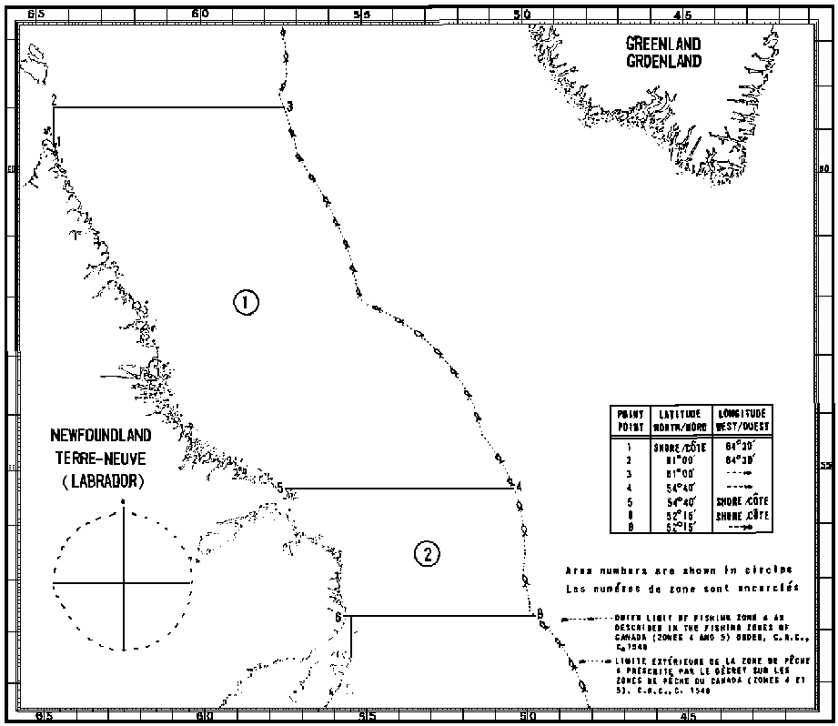 Carte des zones de pêche du calmar avec les coordonnées géographiques en latitude et longitude de 7 points délimitant ces zones