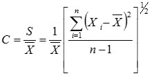 The coefficient of variation, calculated by the equation “C equals S divided by X bar which is also equal to one divided by x bar multiplied by, open square bracket, sum from i equals one to n, open parenthesis, x sub i minus x bar, close parenthesis, squared, divided by n minus one, close square bracket, to the power of one half”