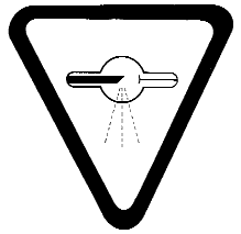 Warning sign, bearing the words “CAUTION: X-RAYS — ATTENTION : RAYONS X”, described by an inverted triangle containing a tube with a circle in the middle emitting dashed lines