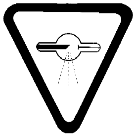 Warning sign, bearing the words “CAUTION: X-RAYS — ATTENTION : RAYONS X ”, described by an inverted triangle containing a tube with a circle in the middle emitting dashed lines