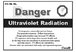 The image is the English version of the ultraviolet radiation warning label as described in section 5. The image also includes a hazard symbol in the upper right corner, which is an octagonal sign depicting the outline of a human form being irradiated by a source of ultraviolet radiation represented by lines coming from a point above and to the right of the human form. In the upper left corner is a Canadian flag with the words “Health Canada” and “Santé Canada” to its right. In the lower right corner is the word “Canada” with a Canadian flag above the last letter.