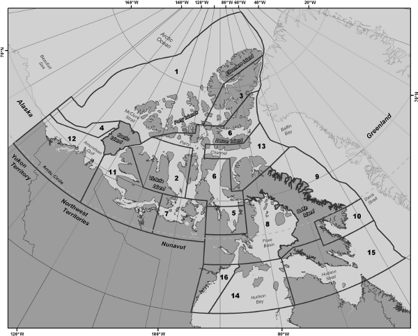 Map of Canada’s Arctic showing the sixteen Shipping Safety Control Zones
