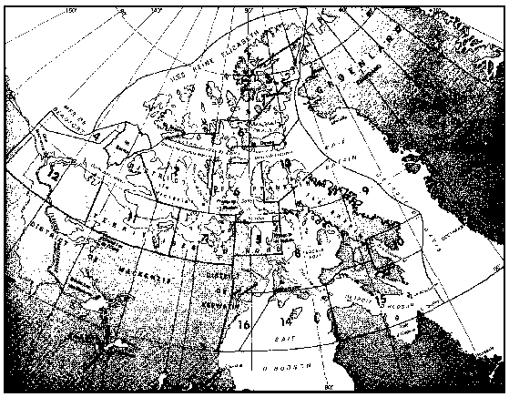 Carte des eaux arctiques du Canada indiquant les seize zones de contrôle de la sécurité de la navigation