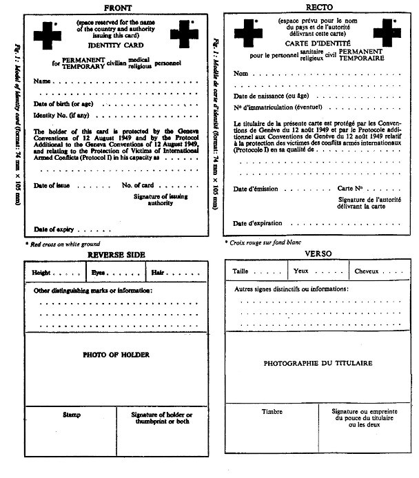 Modèle de carte d’identité du Comité international de la Croix-Rouge (CICR) (format : 74 mm x 105 mm), recto et verso.