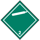 Carré vert reposant sur une pointe avec en blanc : un trait à l’intérieur du pourtour, le symbole représentant une bouteille à gaz dans le coin supérieur et le chiffre « 2 » dans le coin inférieur.
