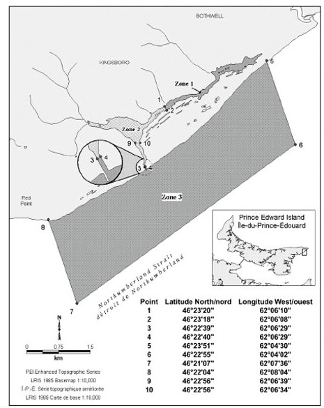 Map of Basin Head Marine Protected Area with latitude and longitude coordinates outlining the three zones in the area.
