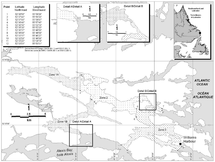 Carte de la zone de protection marine de la baie Gilbert. Les zones de gestion qui la composent sont délimitées par les coordonnées géographiques de latitude et longitude de douze points.