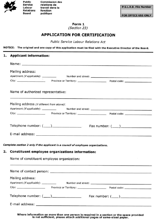Form 1 (Section 23) Application for Certification