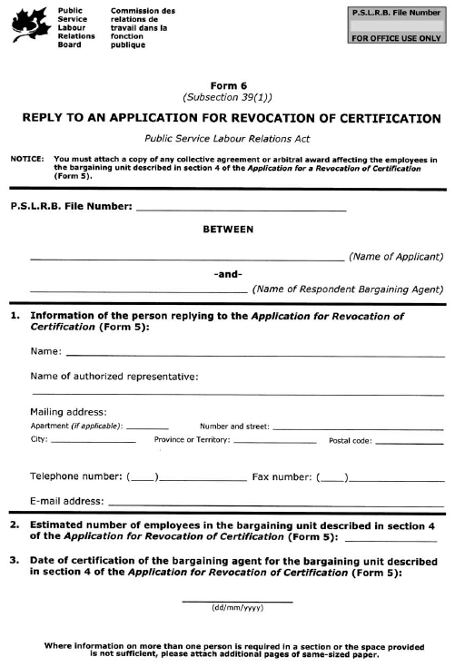 Form 6 (Subsection 39(1)) Reply to an Application for Revocation of Certification