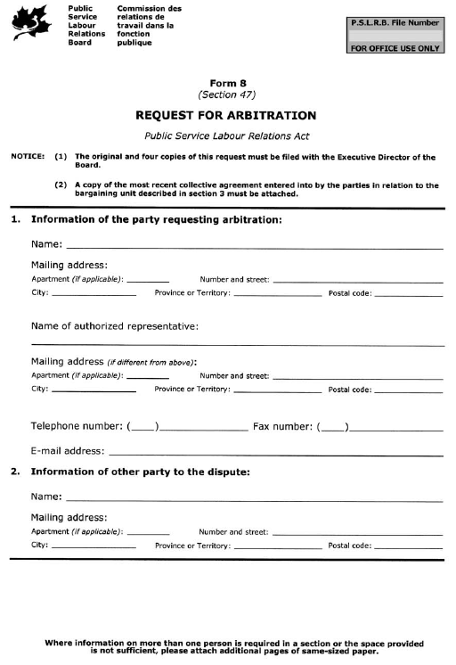 Form 8 (Section 47) Request for Arbitration