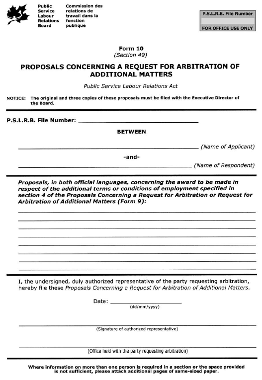 Form 10 (Section 49) Proposals Concerning a Request for Arbitration of Additional Matters