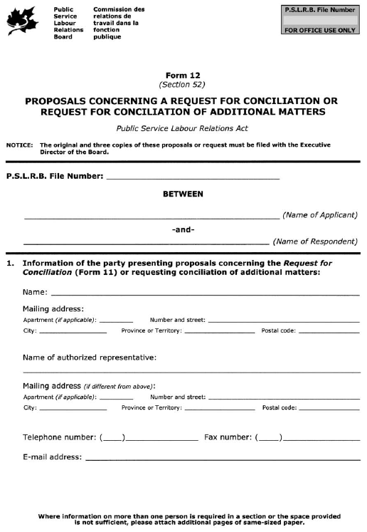 Form 12 (Section 52) Proposals Concerning a Request for Conciliation or Request for Conciliation of Additional Matters