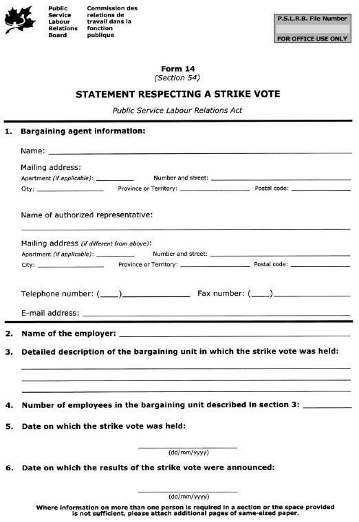 Form 14 (Section 54) Statement Respecting a Strike Vote