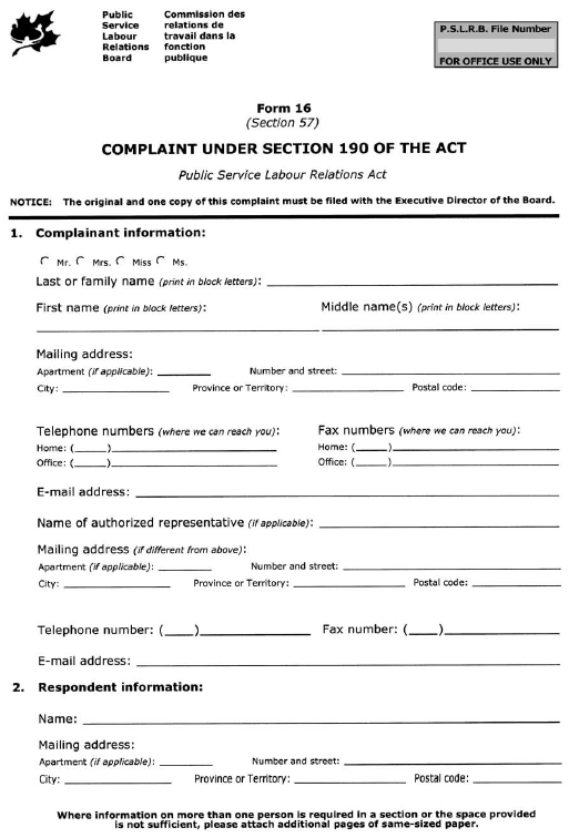 Form 16 (Section 57) Complaint under Section 190 of the Act