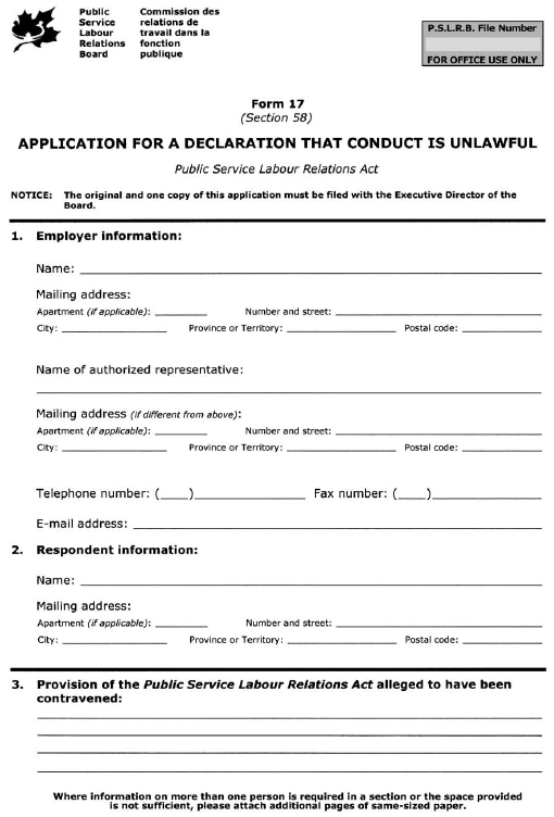 Form 17 (Section 58) Application for a Declaration that Conduct is Unlawful
