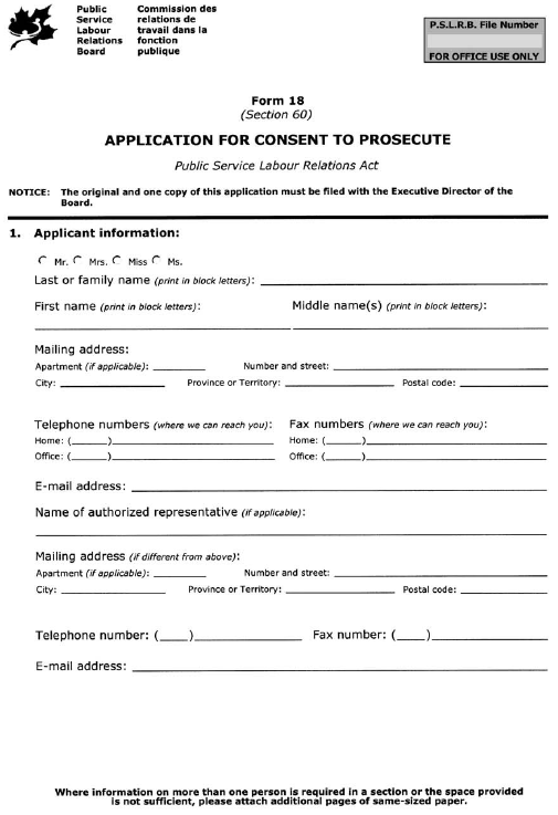 Form 18 (Section 60) Application for Consent to Prosecute