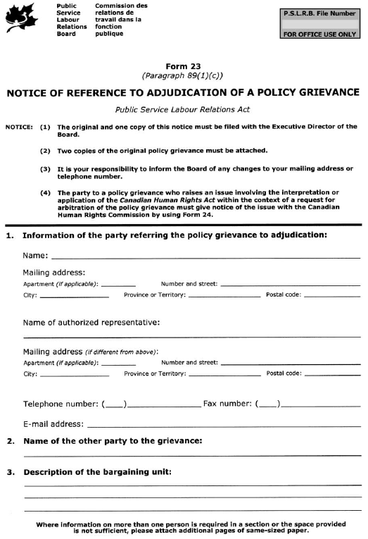 Form 23 (Paragraph 89(1)(c)) Notice of Reference to Adjudication of a Policy Grievance