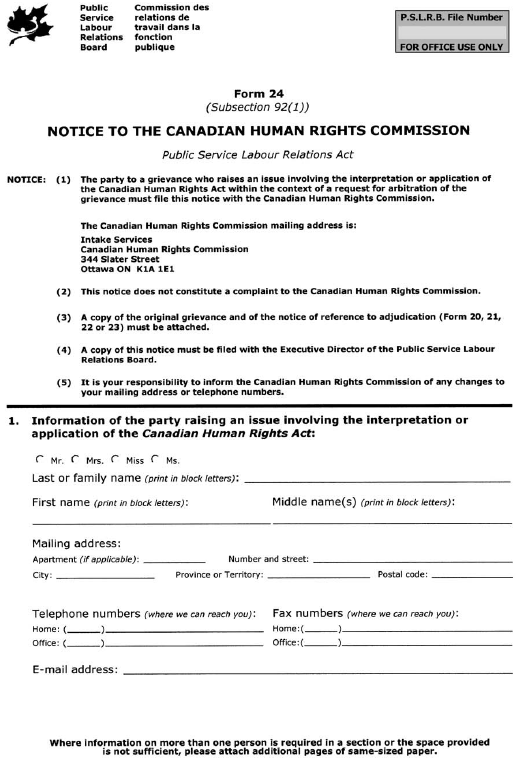 Form 24 (Subsection 92(1)) Notice to the Canadian Human Rights Commission