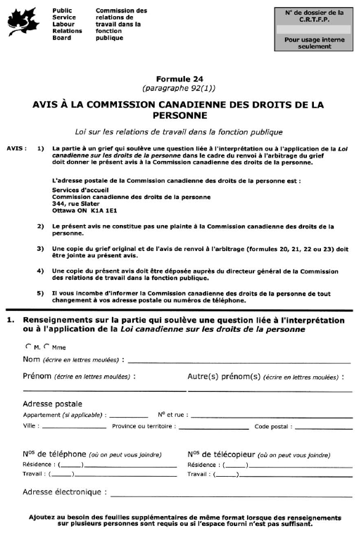Formule 24 (paragraphe 92(1)) Avis à la Commission canadienne des droits de la personne