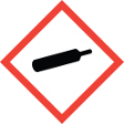 L’image d’une longue bouteille à gaz noire dont le goulot est court et qui est inclinée sur la droite presque horizontalement. Ce symbole sert à avertir de la présence d’un danger de gaz sous pression. L’image paraît dans un cadre rouge sur une de ses pointes.