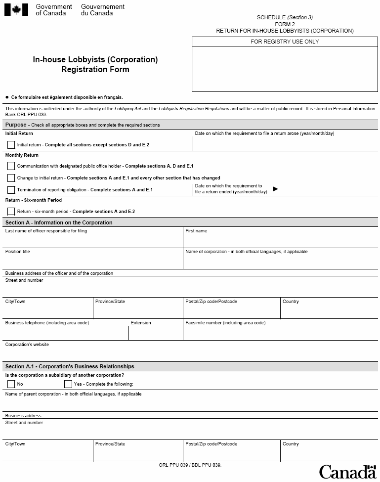 Form 2 Return for In-house Lobbyists (Corporation) - In-house Lobbyists (Corporation) Registration Form