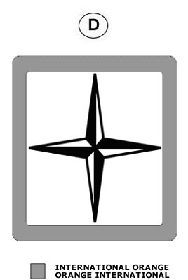 D contains a black and white compass rose within an outline of a square. There is also a grey shade box signifying International Orange.