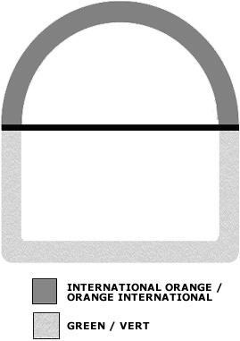 Grey outline of a half-circle above a black line surmounting an outline of a half-rectangle in a lighter shade of grey. There is also a grey shade box signifying International Orange and a lighter grey shade box signifying Green.