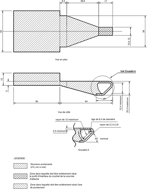 Diagramme d’un profil d’interface du crochet de la courroie d’attache muni d’un accessoire de réglage intégré avec des mesures et des spécifications.