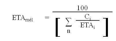 ETA, indice mél, est égale à 100 divisé par, ouvrir le crochet, la somme, indiquée par le symbole sigma majuscule, à partir de n, de la série C majuscule, indice i, divisée par ETA, indice i, fermer le crochet
