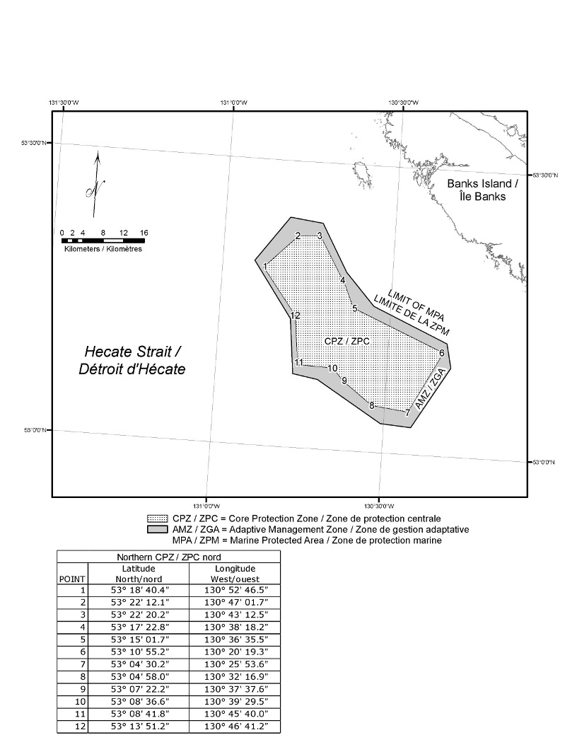 L’annexe 2 est une carte qui représente la zone de protection marine du récif nord, incluant une zone de protection centrale entourée d’une zone de gestion adaptative. L’annexe contient aussi un tableau qui donne les coordonnées géographiques de la zone de protection centrale.