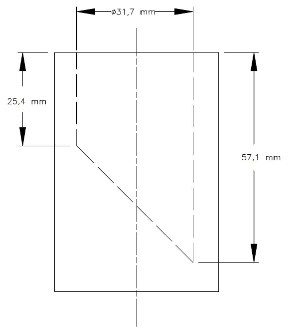 La vue en coupe du cylindre pour petites pièces montre un cylindre vide ayant un diamètre intérieur de 31,7 mm. Le fond du cylindre est incliné à 45° de sorte que la profondeur minimale est de 25,4 mm et la profondeur maximale est de 57,1 mm.