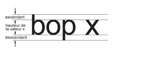 La hauteur du x minuscule est appelée hauteur de la valeur x. La partie de la lettre minuscule b qui est plus haute que la hauteur de la valeur x est appelée ascendant. La partie de la lettre minuscule p qui est plus basse que la hauteur de la valeur x est appelée descendant.