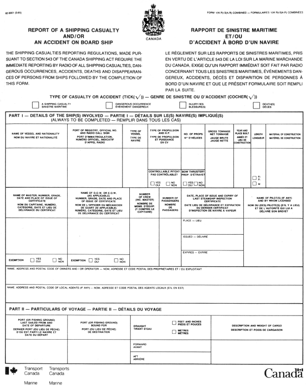 Report of a Shipping Casualty and/or an Accident on Board Ship form