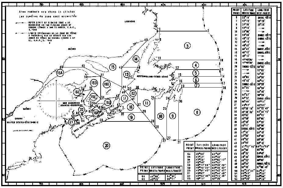Carte des zones de pêche du hareng avec les coordonnées géographiques en latitude et longitude de 60 points délimitant ces zones