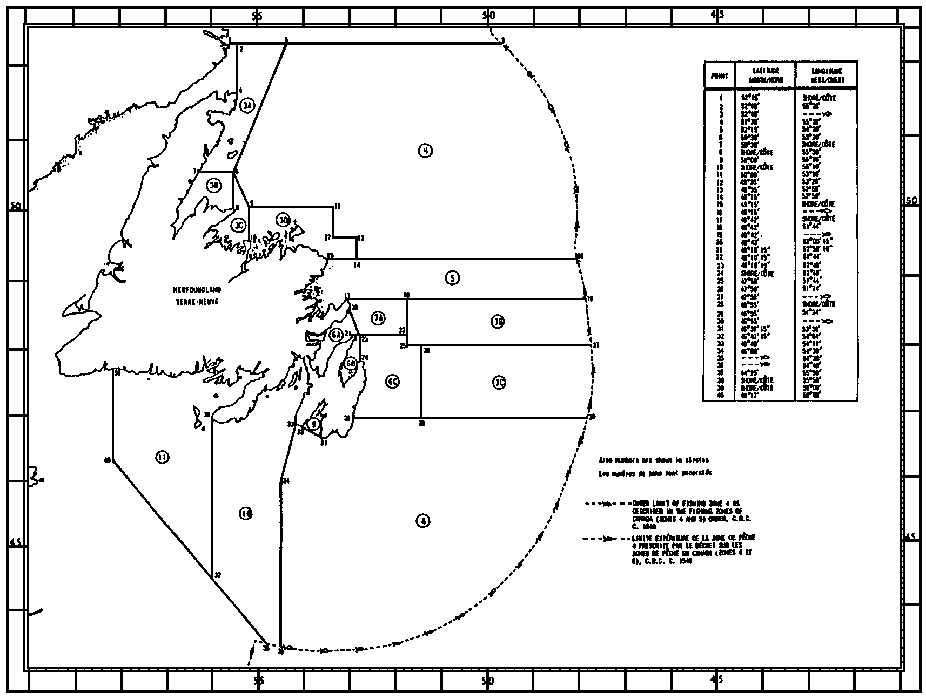 Carte des zones de pêche du crabe avec les coordonnées géographiques en latitude et longitude de 40 points délimitant ces zones