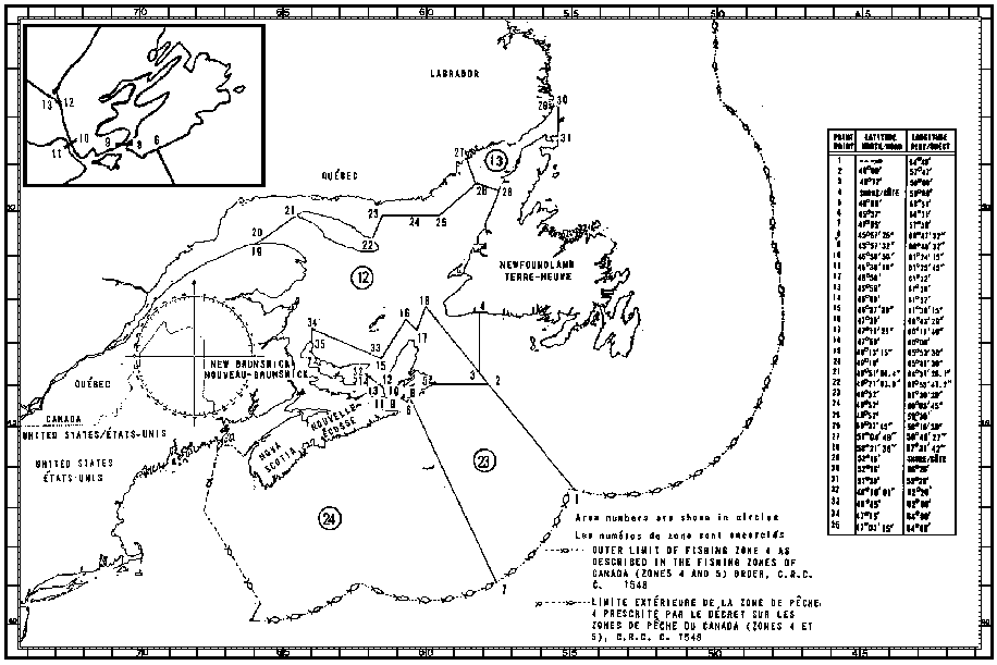 Carte des zones de pêche du crabe avec les coordonnées géographiques en latitude et longitude de 35 points délimitant ces zones
