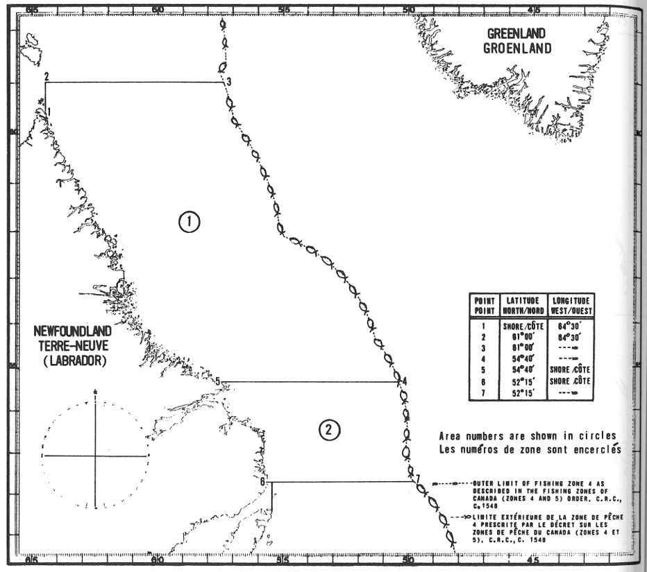 Carte des zones de pêche du homard avec les coordonnées géographiques en latitude et longitude de 7 points délimitant ces zones