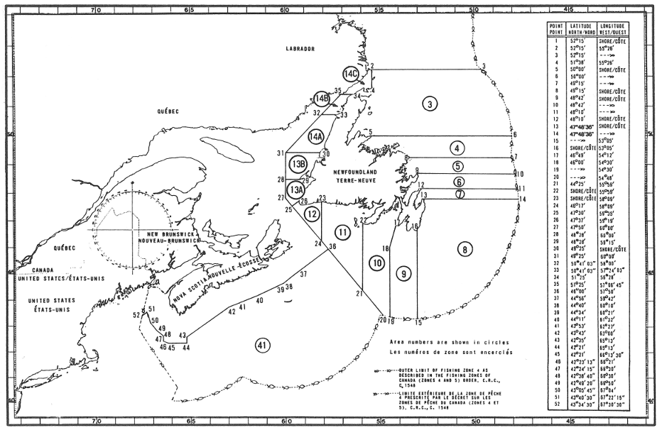 Carte des zones de pêche du homard avec les coordonnées géographiques en latitude et longitude de 52 points délimitant ces zones