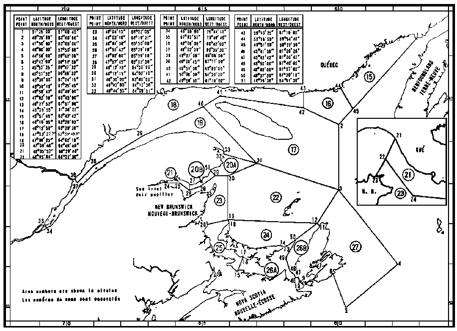 Carte des zones de pêche du homard avec les coordonnées géographiques en latitude et longitude de 51 points délimitant ces zones.