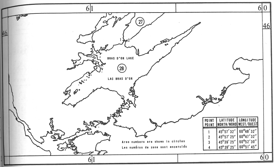 Carte des zones de pêche du homard avec les coordonnées géographiques en latitude et longitude de 4 points délimitant ces zones.