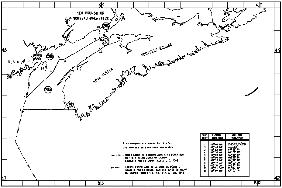 Carte des zones de pêche du pétoncle avec les coordonnées géographiques en latitude et longitude de 11 points délimitant ces zones