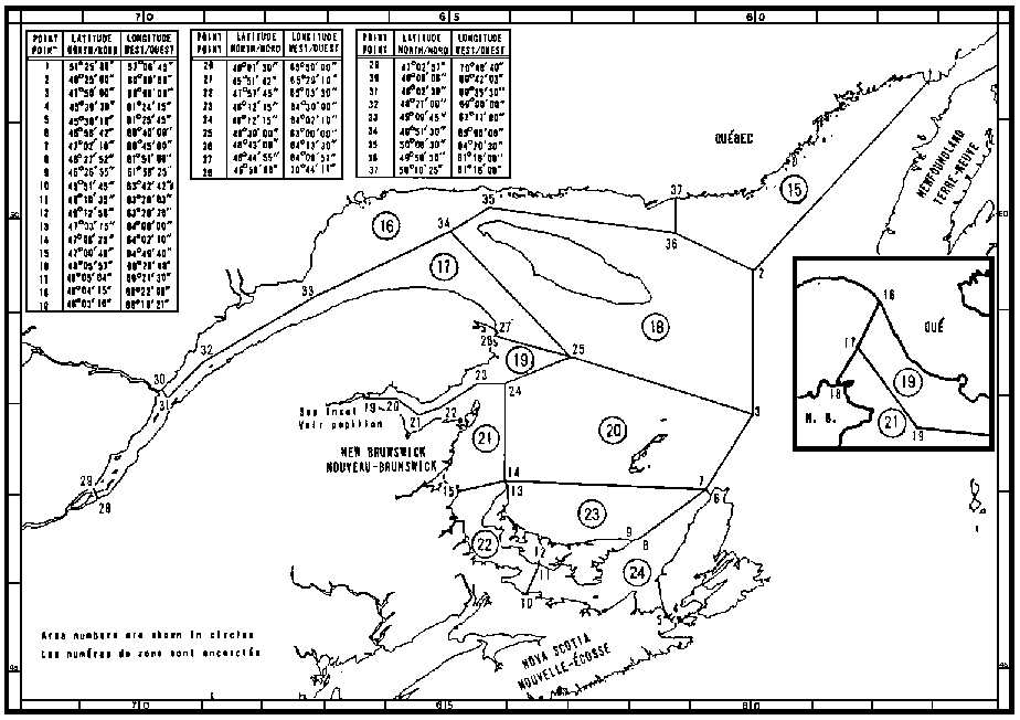 Map of Scallop Fishing Areas with latitude and longitude coordinates for thirty-seven points outlining the areas