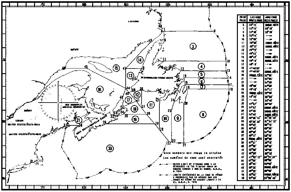 Carte des zones de pêche du calmar avec les coordonnées géographiques en latitude et longitude de 49 points délimitant ces zones