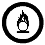 Un symbole pour un danger associé à des matières comburantes, décrit par une esquisse d’un cercle contenant une flamme sur le dessus d’un cercle dont la base touche une ligne.