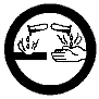 Un symbole pour un danger associé à des matières corrosives, décrit par une esquisse d’un cercle contenant deux tubes. Dont un tube se déverse une substance corrosive et endommageant une surface plane et l’autre tube se déversant une substance corrosive et endommageant une main.