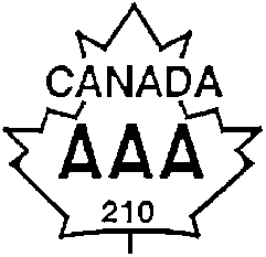 Contour d’une feuille d’érable avec le haut de la feuille séparé du reste. Entre le haut de la feuille d’érable et le reste de la feuille est inscrit le mot CANADA. À l’intérieur de la feuille d’érable, les lettres AAA et les chiffres 210 sont inscrits dans la partie inférieure.